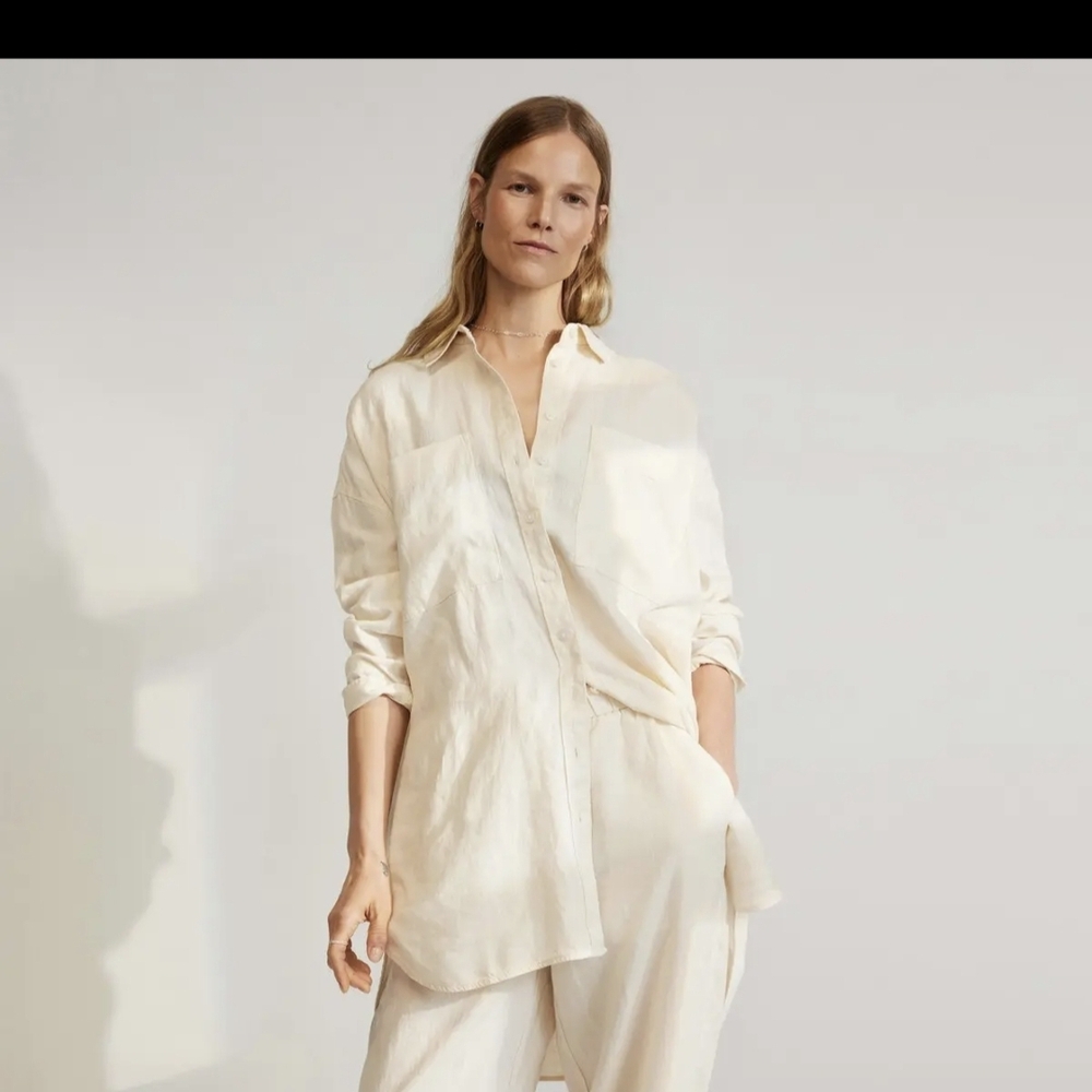 Everlane Way-Long Linen Shir Light Beige Button-Up Shirt Oversized